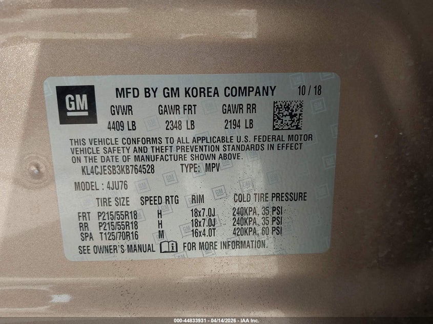 2019 Buick Encore Awd Preferred VIN: KL4CJESB3KB764528 Lot: 44833931