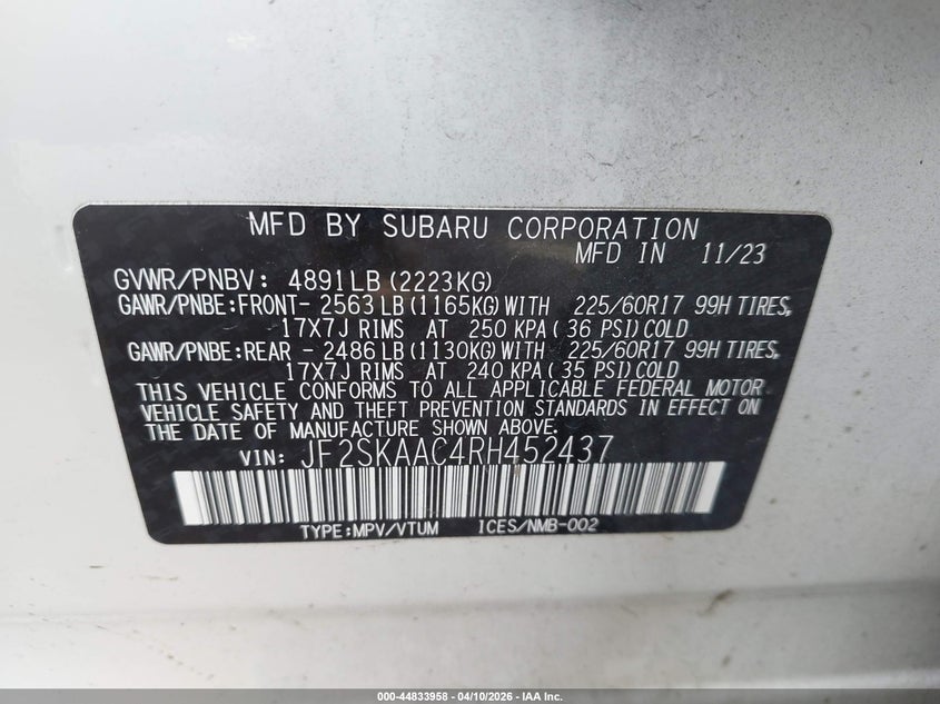 2024 Subaru Forester 2.5 white Lot 111044833958 Vin JF2SKAAC4RH452437