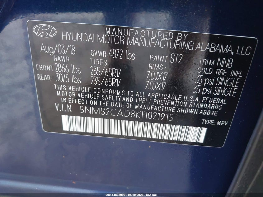 VIN 5NMS2CAD8KH021915 2019 HYUNDAI SANTA FE SE