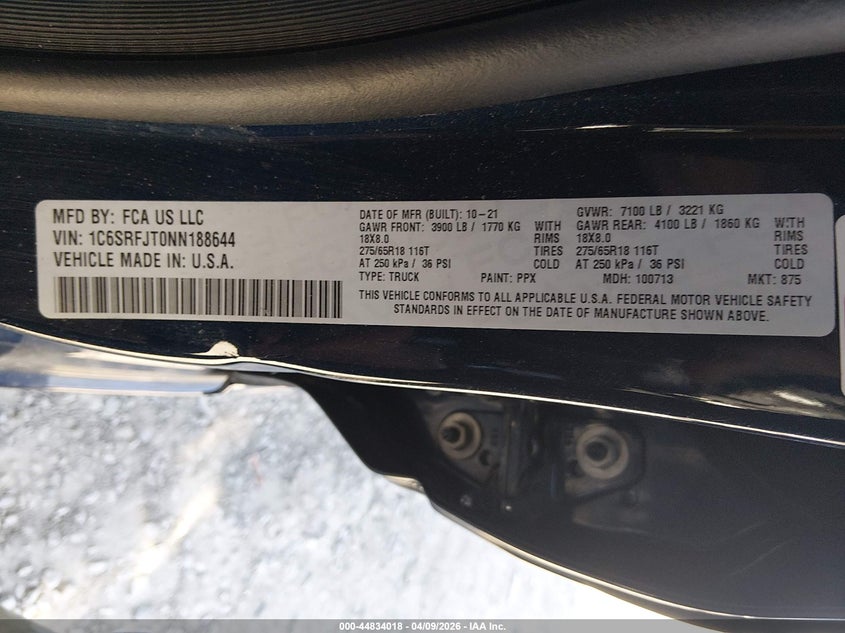 2022 RAM 1500 5.7L V-8 VVT, 395HP(VIN: 1C6SRFJT0NN188644