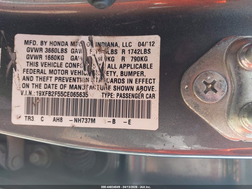 2012 Honda Civic 1.8 Lx grey Lot 111044834049 Vin 19XFB2F55CE065635