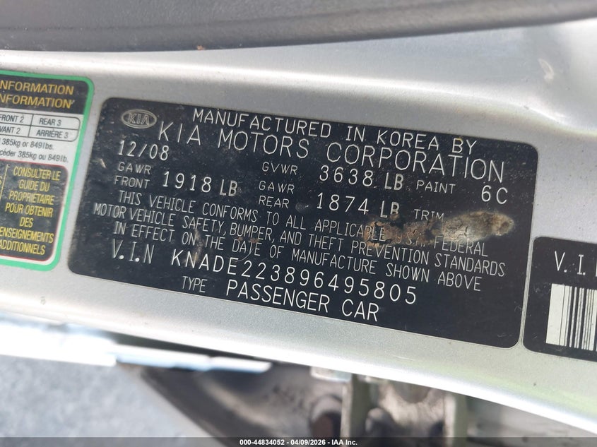 2009 Kia Rio Lx VIN: KNADE223896495805 Lot: 44834052