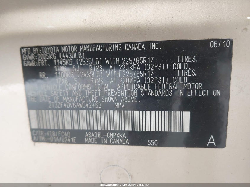 2010 Toyota Rav4 VIN: 2T3ZF4DV6AW042463 Lot: 44834058