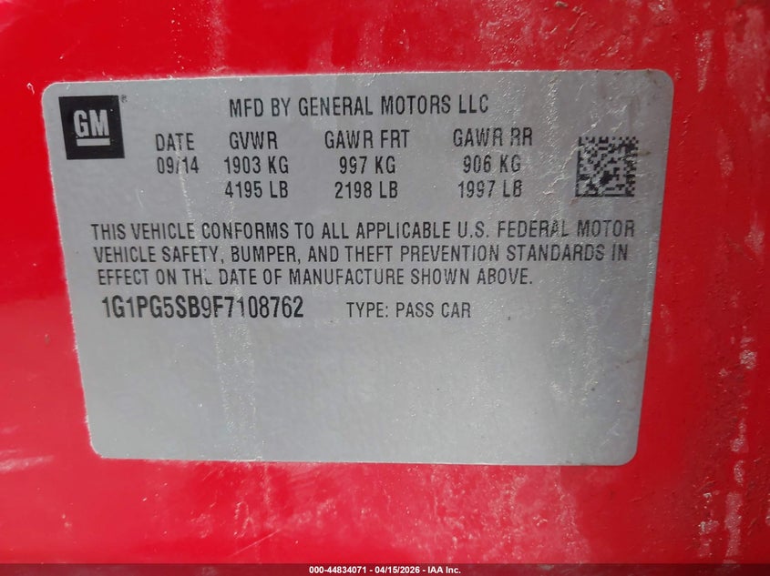 2015 Chevrolet Cruze Ltz VIN: 1G1PG5SB9F7108762 Lot: 44834071