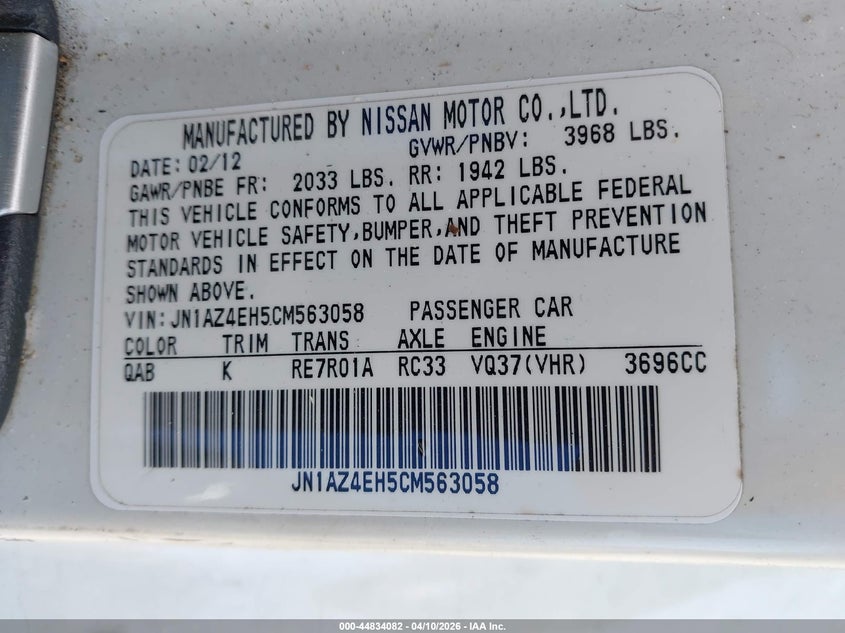 2012 Nissan 370Z Touring VIN: JN1AZ4EH5CM563058 Lot: 44834082