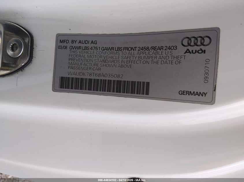 2008 Audi A5 3.2L VIN: WAUDK78T68A035082 Lot: 44834102