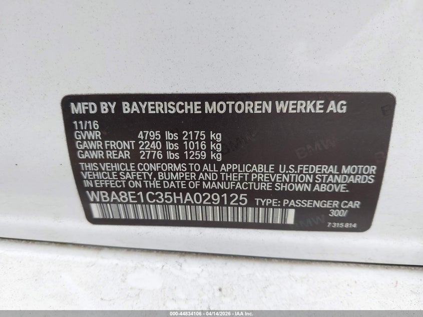 2017 BMW 330E Iperformance VIN: WBA8E1C35HA029125 Lot: 44834106