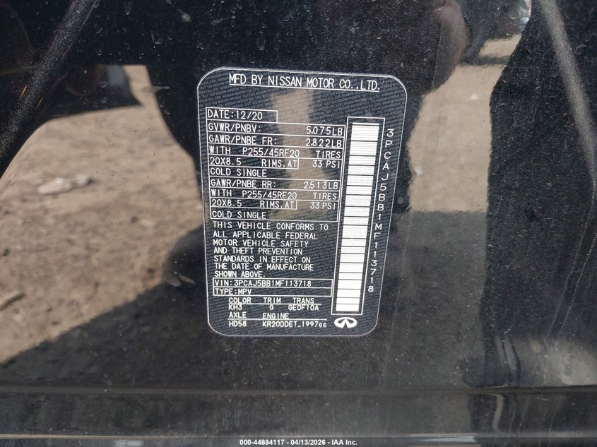 2021 Infiniti Qx50 Luxe Awd VIN: 3PCAJ5BB1MF113718 Lot: 44834117