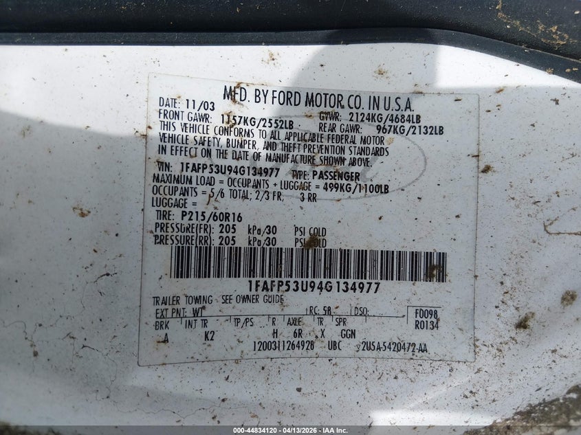 2004 Ford Taurus Se VIN: 1FAFP53U94G134977 Lot: 44834120