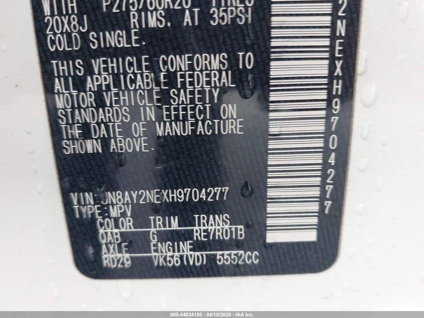 2017 Nissan Armada Platinum VIN: JN8AY2NEXH9704277 Lot: 44834150