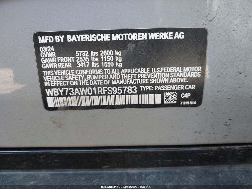 2024 BMW I4 GRAN COUPE ELECTRIC(VIN: WBY73AW01RFS95783