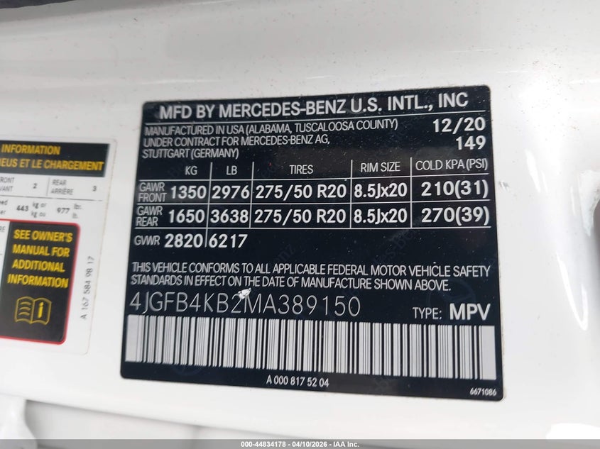 2021 Mercedes-Benz Gle 350 4Matic VIN: 4JGFB4KB2MA389150 Lot: 44834178