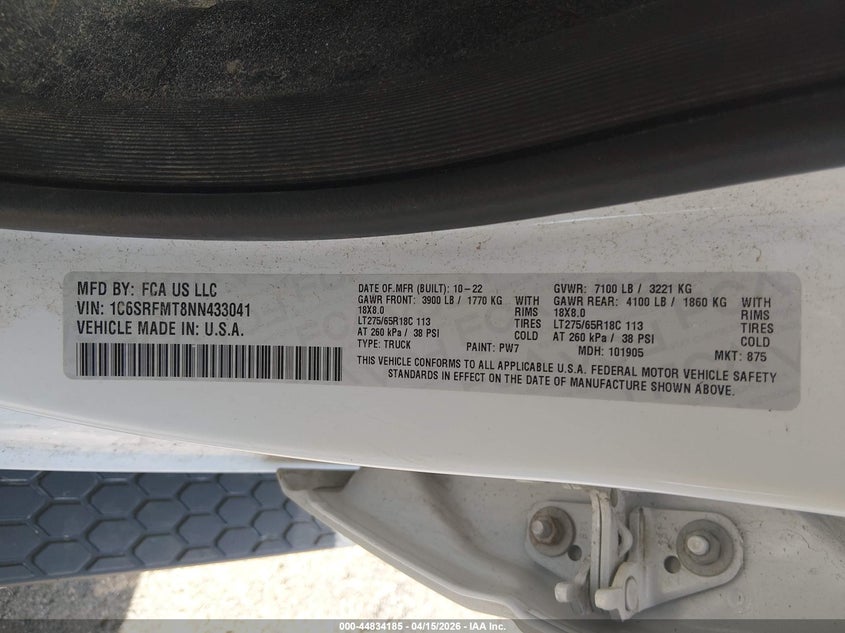 2022 Ram 1500 Big Horn 4X4 6'4 Box VIN: 1C6SRFMT8NN433041 Lot: 44834185