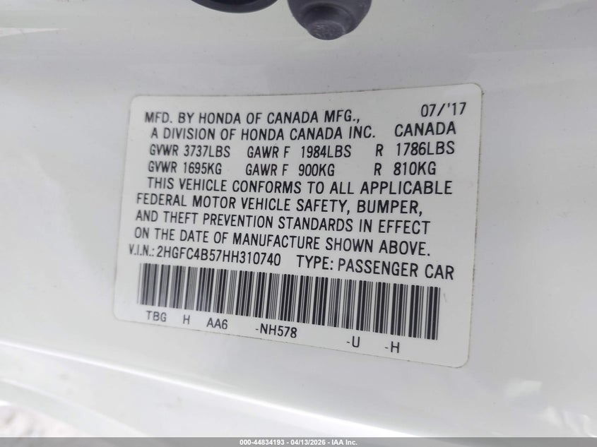 2017 Honda Civic 2.0 Lx White Lot 111044834193 Vin 2HGFC4B57HH310740