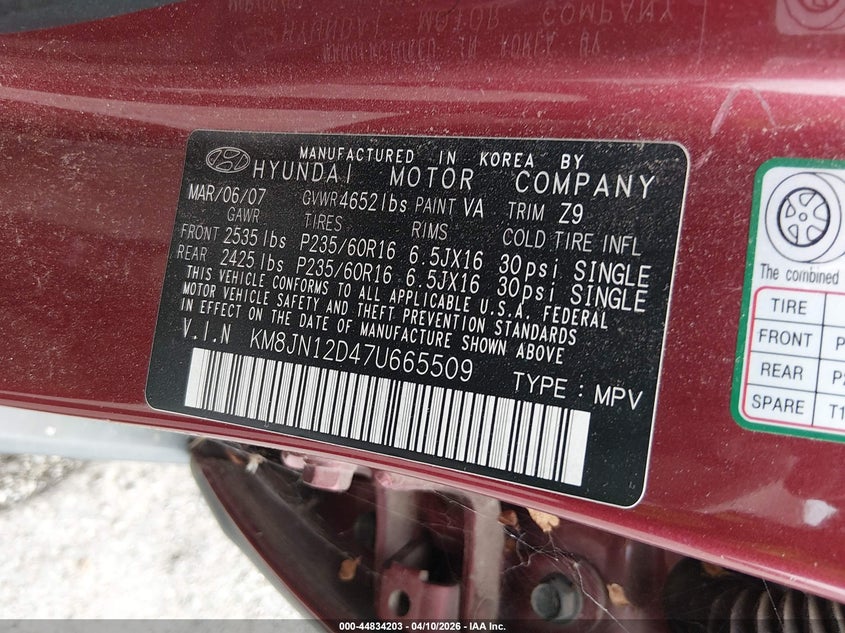 2007 Hyundai Tucson Limited/Se VIN: KM8JN12D47U665509 Lot: 44834203