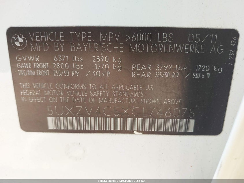2012 BMW X5 xDrive35I/xDrive35I Premium/xDrive35I Sport Activity VIN: 5UXZV4C5XCL746075 Lot: 44834209