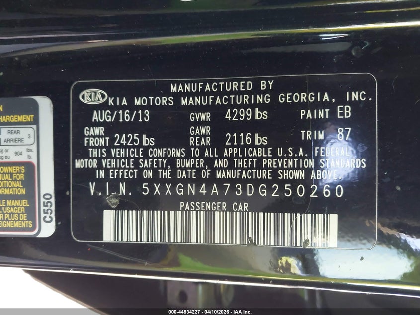 2013 Kia Optima 2.4 Ex black Lot 111044834227 Vin 5XXGN4A73DG250260