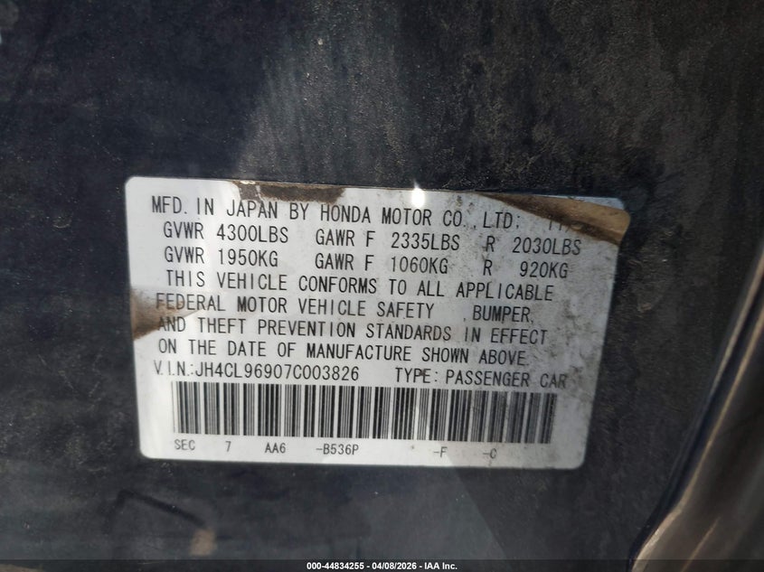 2007 Acura Tsx VIN: JH4CL96907C003826 Lot: 44834255