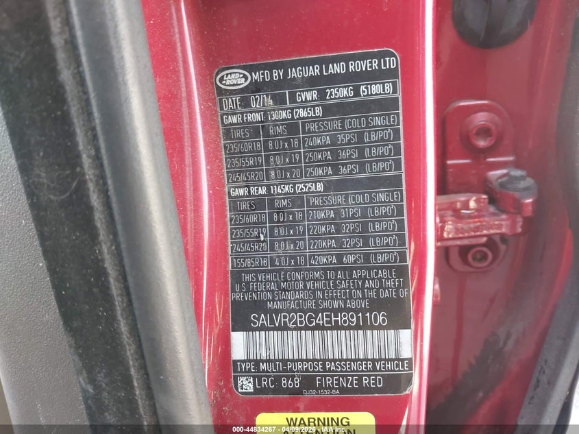 2014 Land Rover Range Rover Evoque Pure VIN: SALVR2BG4EH891106 Lot: 44834267