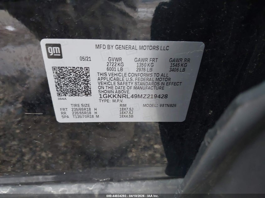 2021 GMC ACADIA 2.0L I-4 DI, DOHC, V(VIN: 1GKKNRL49MZ219428