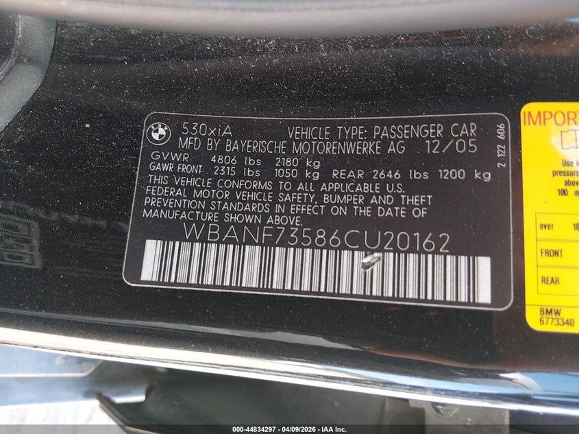 2006 BMW 530Xi VIN: WBANF73586CU20162 Lot: 44834297