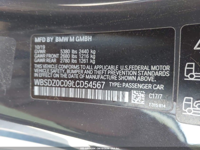 2020 BMW M8 VIN: WBSDZ0C09LCD54567 Lot: 44834304