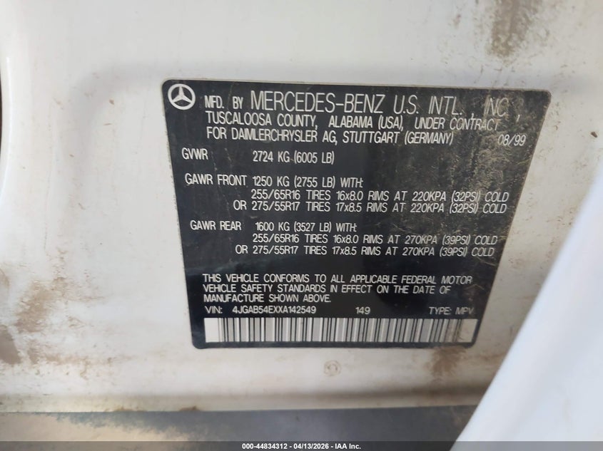 1999 Mercedes-Benz Ml 320 VIN: 4JGAB54EXXA142549 Lot: 44834312