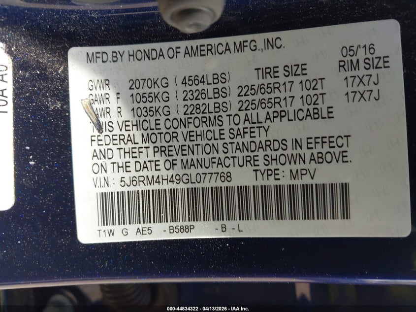 2016 Honda Cr-v 2.4 Cr-V Se blue Lot 111044834322 Vin 5J6RM4H49GL077768