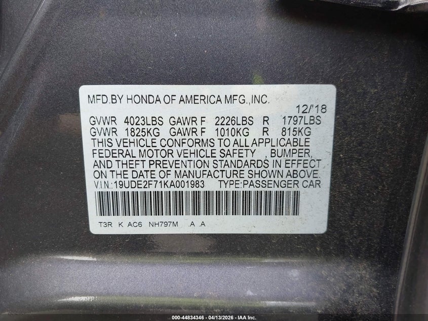 2019 Acura Ilx Premium Package/Technology Package VIN: 19UDE2F71KA001983 Lot: 44834346