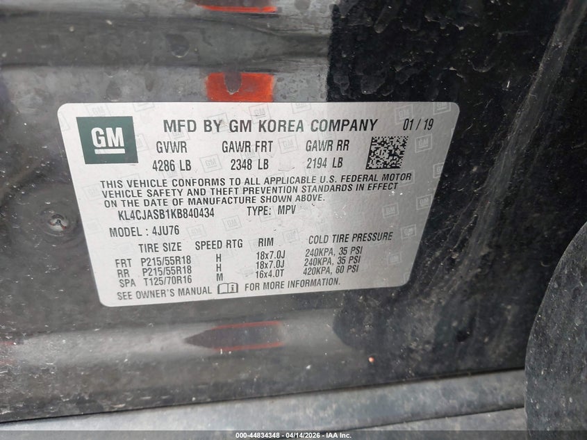 2019 Buick Encore Fwd Preferred VIN: KL4CJASB1KB840434 Lot: 44834348