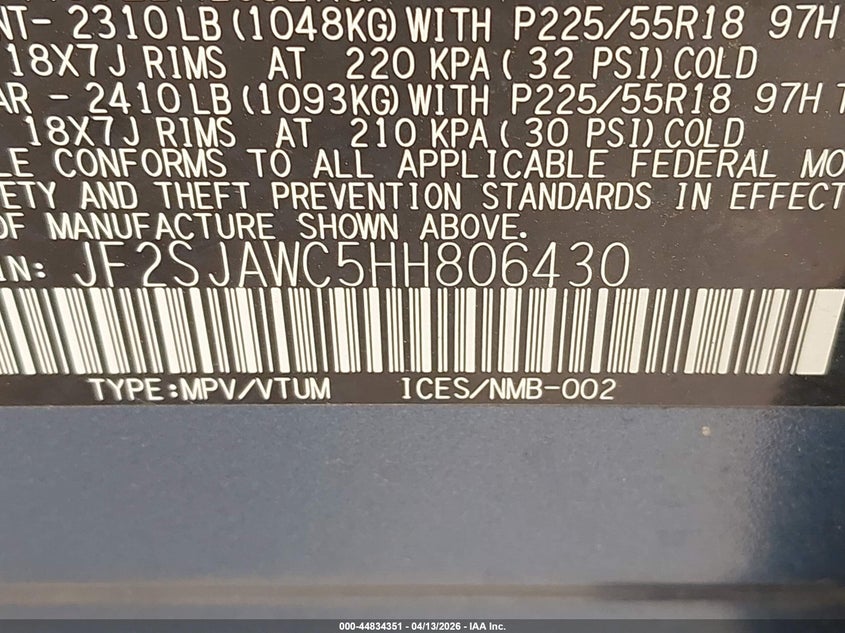 2017 Subaru Forester 2.5I Touring VIN: JF2SJAWC5HH806430 Lot: 44834351