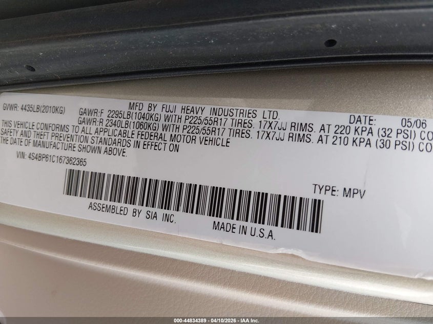 2006 Subaru Outback 2.5I VIN: 4S4BP61C167362365 Lot: 44834389