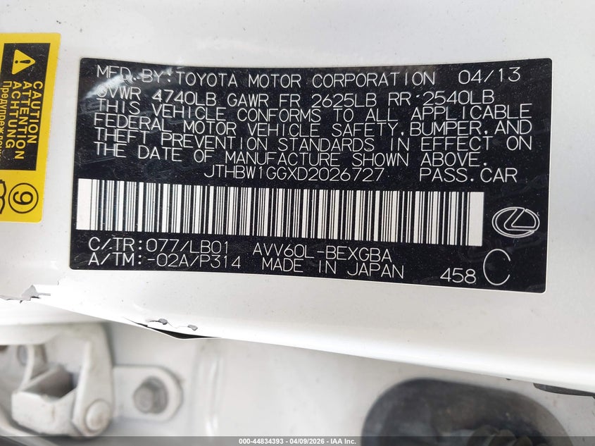 2013 Lexus ES 2.5 Es 300H white Lot 111044834393 Vin JTHBW1GGXD2026727
