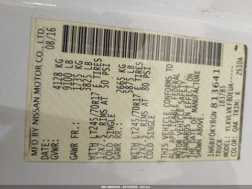 2016 Nissan Nv Cargo Nv2500 Hd Sl V6 VIN: 1N6BF0KY8GN813641 Lot: 44834444