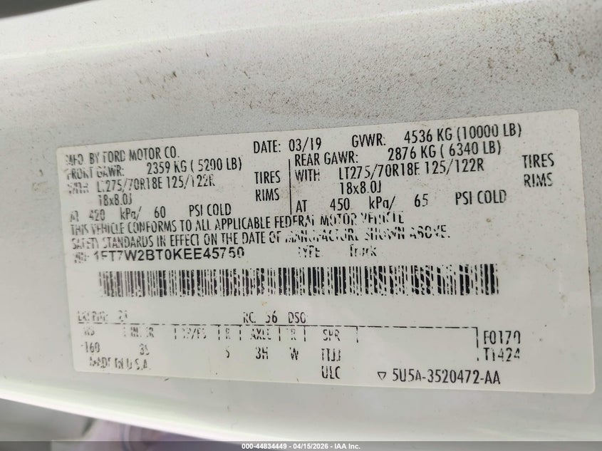 2019 Ford F-250 Xlt VIN: 1FT7W2BT0KEE45750 Lot: 44834449