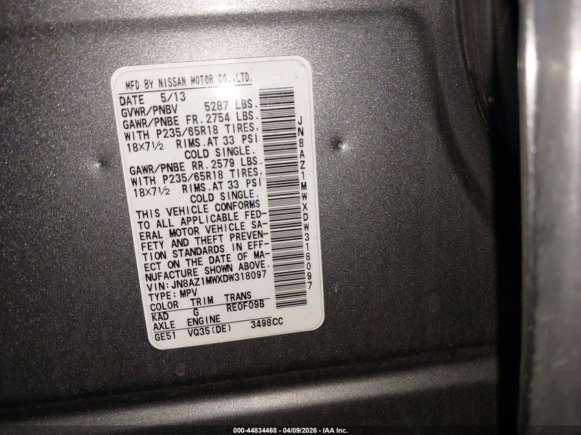 2013 Nissan Murano S VIN: JN8AZ1MWXDW318097 Lot: 44834468