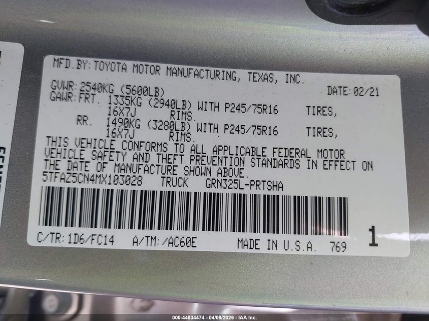 2021 TOYOTA TACOMA 3.5L V-6 DI, DOHC, V(VIN: 5TFAZ5CN4MX103028