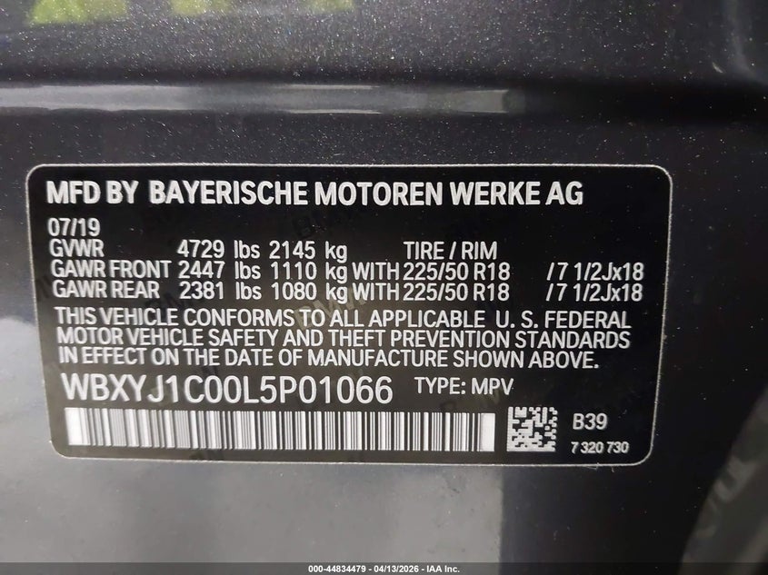 2020 BMW X2 xDrive28I VIN: WBXYJ1C00L5P01066 Lot: 44834479