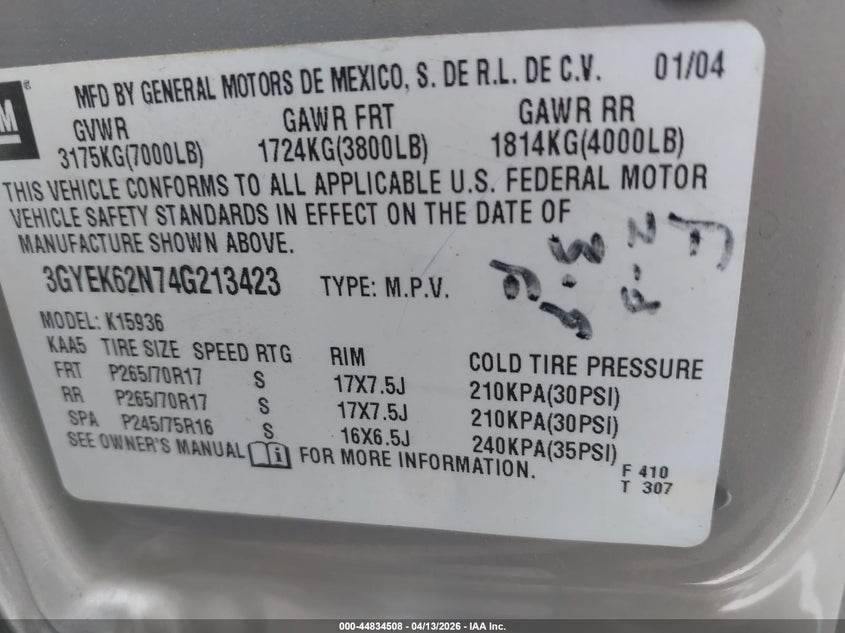 2004 Cadillac Escalade Ext Standard VIN: 3GYEK62N74G213423 Lot: 44834508