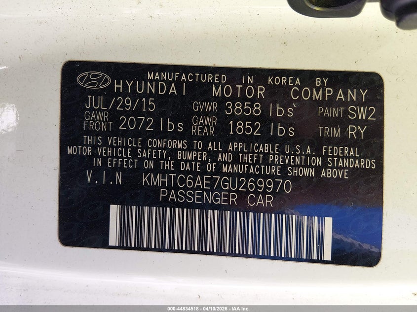 2016 Hyundai Veloster Turbo VIN: KMHTC6AE7GU269970 Lot: 44834518