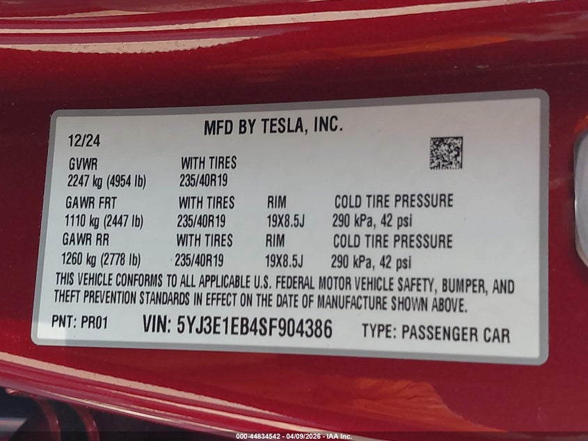 2025 TESLA MODEL 3 ELECTRIC(VIN: 5YJ3E1EB4SF904386
