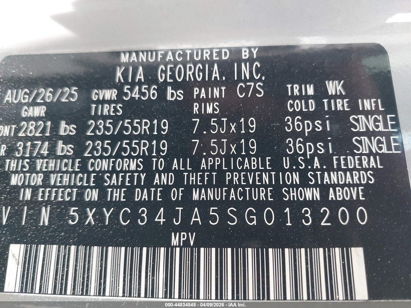 2025 Kia Ev6 Light Long Range Rwd VIN: 5XYC34JA5SG013200 Lot: 44834549