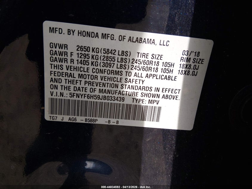 2018 Honda Pilot 3.5 Ex-L black Lot 111044834592 Vin 5FNYF6H59JB033439