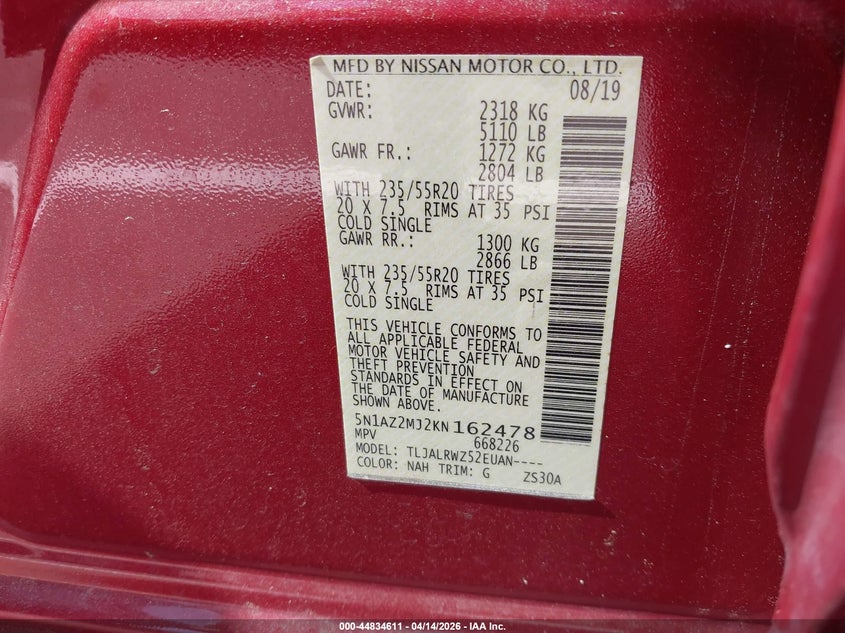 2019 Nissan Murano Sl VIN: 5N1AZ2MJ2KN162478 Lot: 44834611