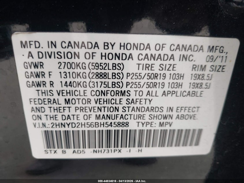 2011 Acura Mdx Advance Package VIN: 2HNYD2H56BH545888 Lot: 44834616