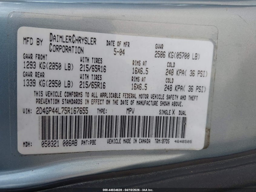2005 Dodge Grand Caravan Sxt VIN: 2D4GP44L75R167655 Lot: 44834639