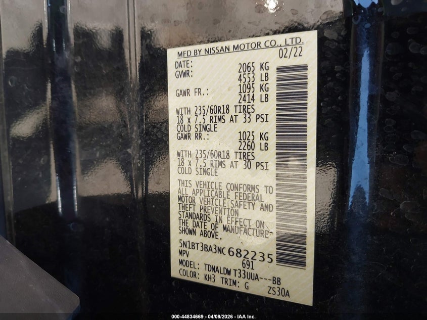 2022 Nissan Rogue Sv Fwd VIN: 5N1BT3BA3NC682235 Lot: 44834669