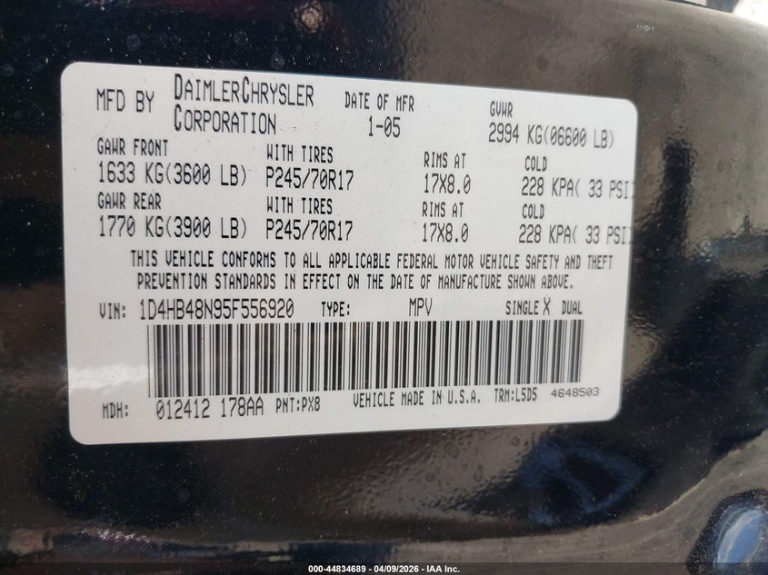 2005 Dodge Durango Slt VIN: 1D4HB48N95F556920 Lot: 44834689