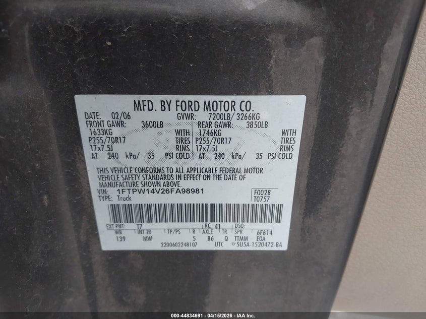 2006 Ford F-150 Fx4/Lariat/Xlt VIN: 1FTPW14V26FA98981 Lot: 44834691