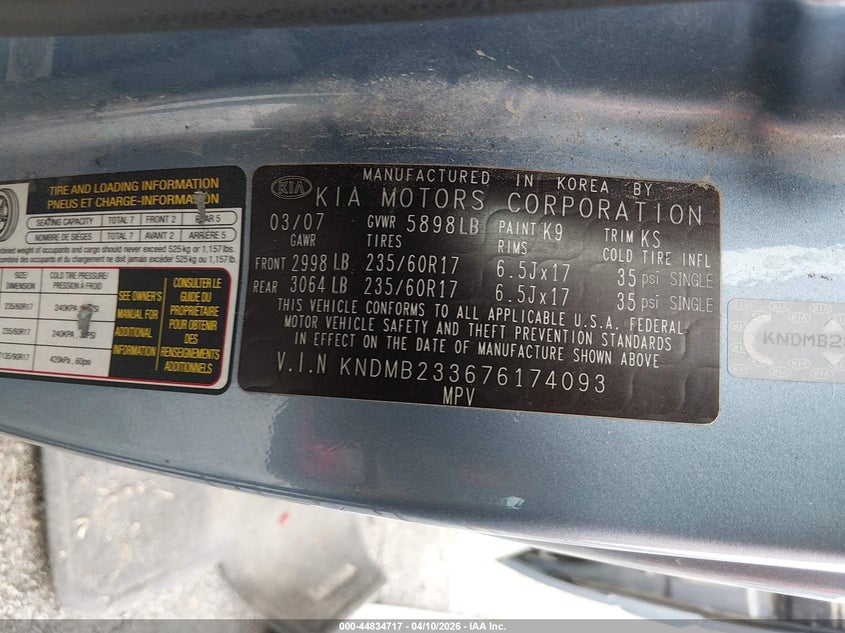 2007 Kia Sedona Ex VIN: KNDMB233676174093 Lot: 44834717